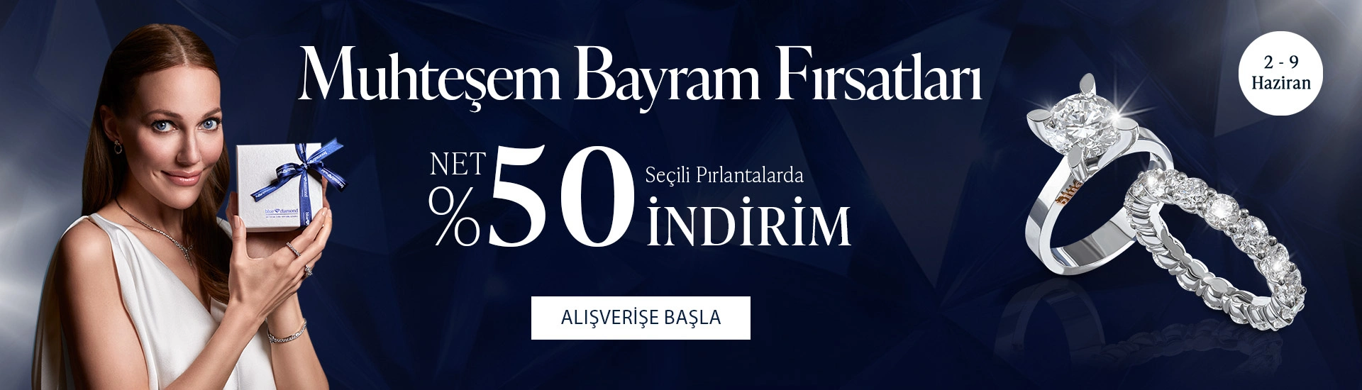 Pırlanta mücevher alışverişinizde ilk üyeliğe özel 1.000 TL hediye indirim çeki! Yüzük, kolye, küpe, bilekliklerde Blue Diamond ayrıcalığını keşfedin.                                                    