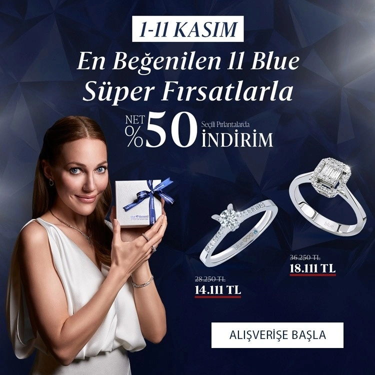 Pırlanta mücevher alışverişinizde ilk üyeliğe özel 1.000 TL hediye indirim çeki! Yüzük, kolye, küpe, bileklik, pırlanta da Blue Diamond ayrıcalığını keşfedin.                                                