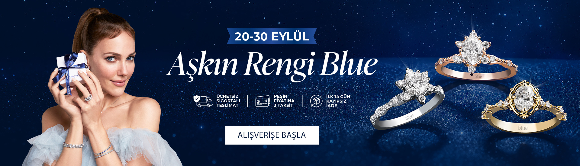 Pırlanta mücevher alışverişinizde ilk üyeliğe özel 2.500 TL hediye indirim çeki! Yüzük, kolye, küpe, bileklik, pırlanta da Blue Diamond ayrıcalığını keşfedin.                                                                                                                            