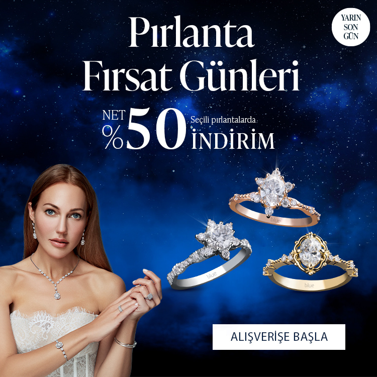 Pırlanta mücevher alışverişinizde ilk üyeliğe özel 2.500 TL hediye indirim çeki! Yüzük, kolye, küpe, bileklik, pırlanta da Blue Diamond ayrıcalığını keşfedin.                                                                                                    