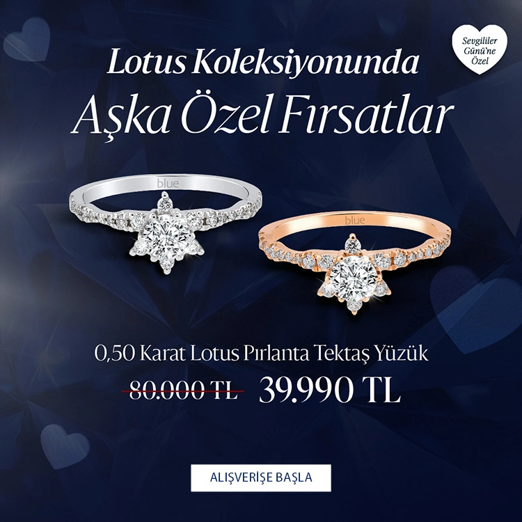 Pırlanta mücevher alışverişinizde ilk üyeliğe özel 1.500 TL hediye indirim çeki! Yüzük, kolye, küpe, bileklik, pırlanta da Blue Diamond ayrıcalığını keşfedin.                                                              