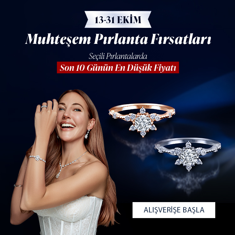 Pırlanta mücevher alışverişinizde ilk üyeliğe özel 2.500 TL hediye indirim çeki! Yüzük, kolye, küpe, bileklik, pırlanta da Blue Diamond ayrıcalığını keşfedin.                                                                                                                                  