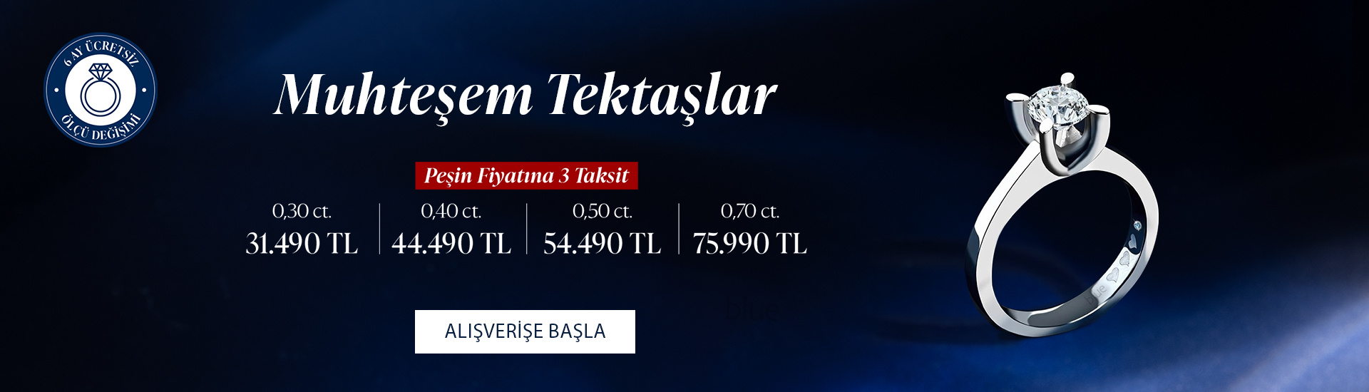 Pırlanta mücevher alışverişinizde ilk üyeliğe özel 2.500 TL hediye indirim çeki! Yüzük, kolye, küpe, bileklik, pırlanta da Blue Diamond ayrıcalığını keşfedin.                                                                                                                                
