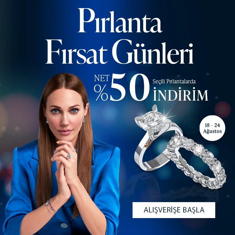 Pırlanta mücevher alışverişinizde ilk üyeliğe özel 1.000 TL hediye indirim çeki! Yüzük, kolye, küpe, bileklik, pırlanta da Blue Diamond ayrıcalığını keşfedin.                                        
