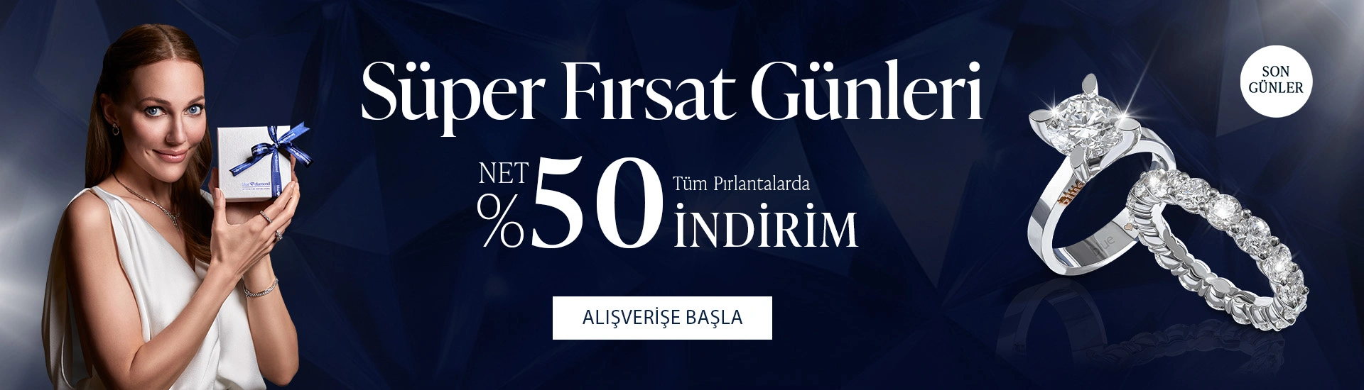 Pırlanta mücevher alışverişinizde ilk üyeliğe özel 1.000 TL hediye indirim çeki! Yüzük, kolye, küpe, bileklik, pırlanta da Blue Diamond ayrıcalığını keşfedin.                                          