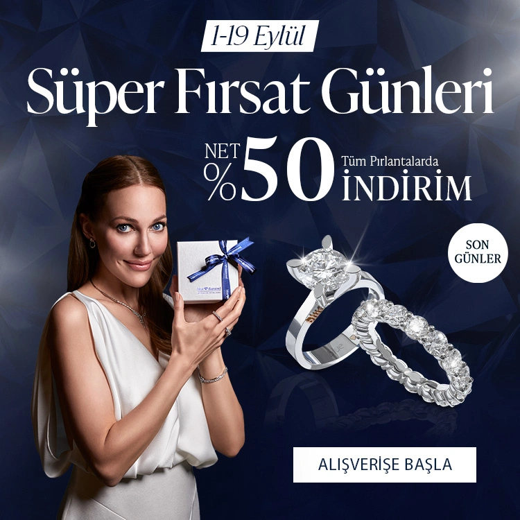 Pırlanta mücevher alışverişinizde ilk üyeliğe özel 1.000 TL hediye indirim çeki! Yüzük, kolye, küpe, bileklik, pırlanta da Blue Diamond ayrıcalığını keşfedin.                                          
