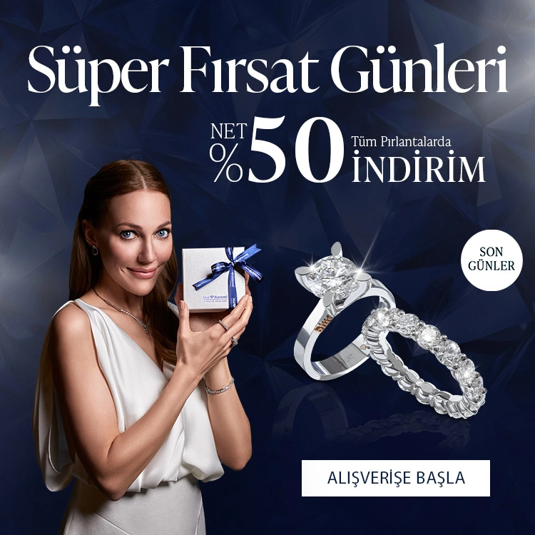 Pırlanta mücevher alışverişinizde ilk üyeliğe özel 1.000 TL hediye indirim çeki! Yüzük, kolye, küpe, bileklik, pırlanta da Blue Diamond ayrıcalığını keşfedin.                                          