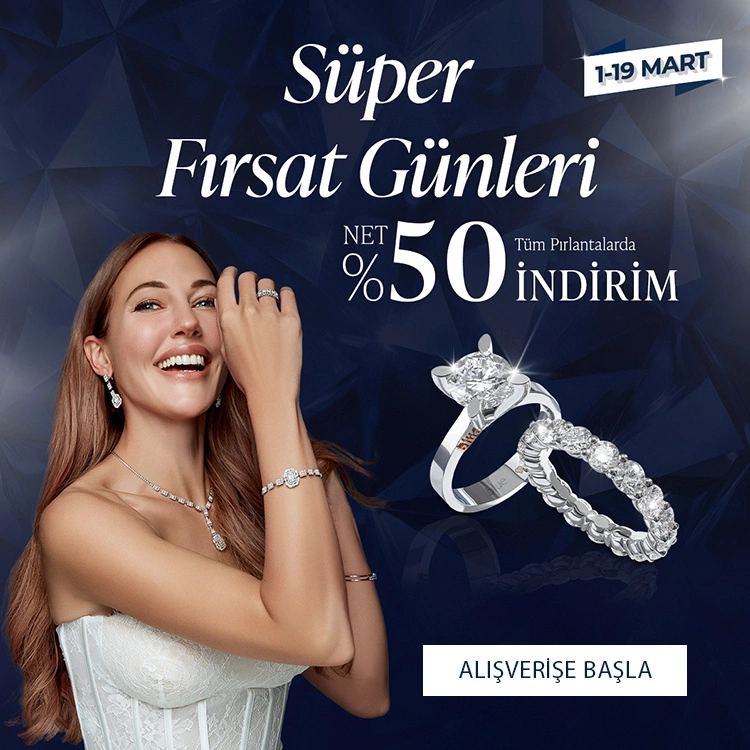 Pırlanta mücevher alışverişinizde ilk üyeliğe özel 1.500 TL hediye indirim çeki! Yüzük, kolye, küpe, bileklik, pırlanta da Blue Diamond ayrıcalığını keşfedin.                                                                        