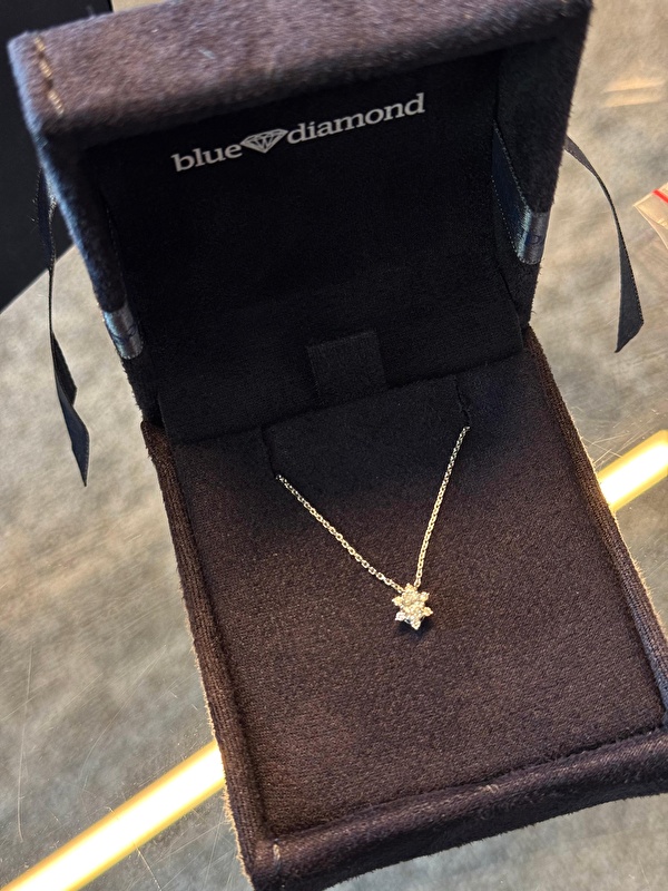 Lotus motifinin zarif detayları oval pırlantayla birleşince kolyede çok romantik bir hava oluşuyor.