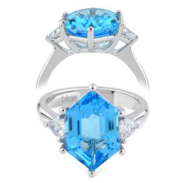 5,90 Karat Hexagon Pırlanta Blue Topaz Yüzük